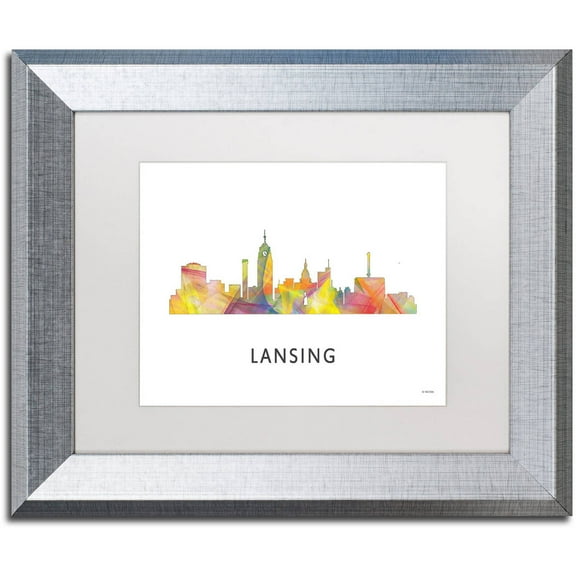 Trademark Fine Art 'Lansing Michigan Skyline WB-1' Canvas Art by Marlene Watson, White Matte, Silver Frame