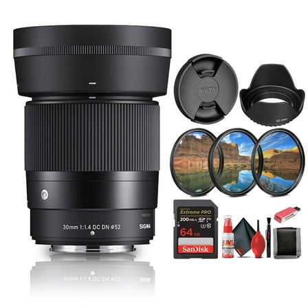 Sigma 30mm F/1.4 DC DN Contemporary Lens for Nikon Z Bundle Including 64 GB Memory Card   Memory Card Reader    Lens Cap   3-Piece Filter Kit   Full Cleaning Kit and More