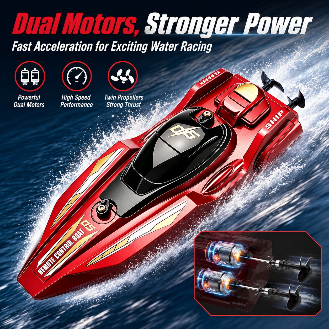 Funtogether High Speed Remote Control Boat for Pools and Lakes, 2.4GHz Waterproof RC Speedboat with Dual Motors, Blue