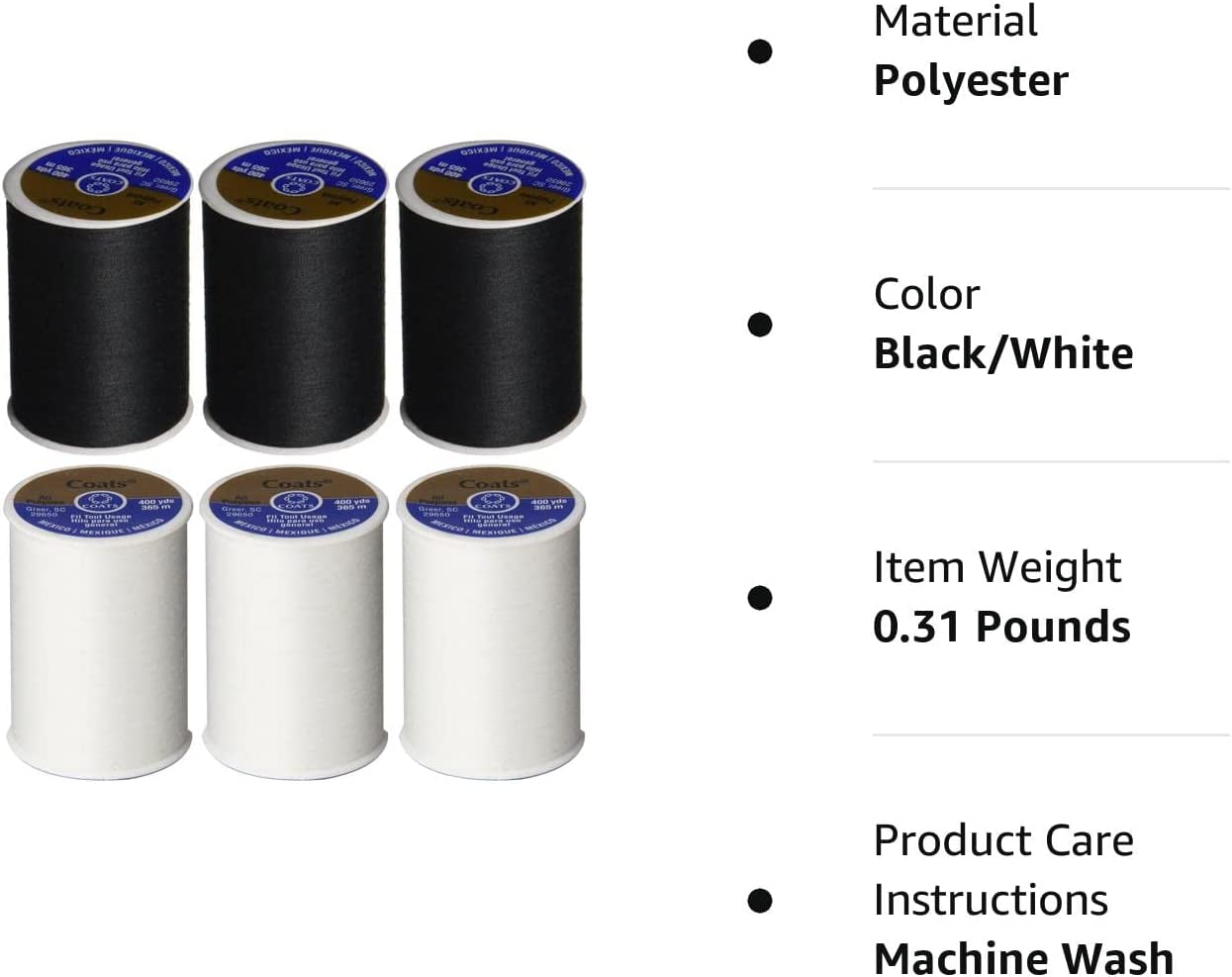 Coats Duet Sewing Thread. Polyester Fibre. Black White Ivory. 1000 Metres 