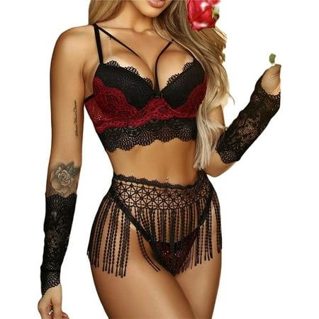 

Kiapeise Kiapeise Women Lingerie Set Sexy Lace Bra and Fringed Waistband and Panty Three-piece Suit for Honeymoon Wedding Anniversaries