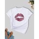 thumbnail image 2 of Camiseta de cuello redondo con estampado de labios, top informal de manga corta para mujer, ideal para primavera y verano, ideal para deportes de ocio., 2 of 9