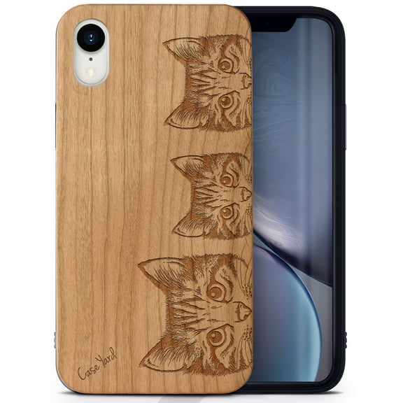 Case Yard Wooden Case Outside Soft TPU Silicone, Slim Fit Shockproof Wood Protective Phone Cover for Girls Boys Men and Women, Supports Wireless Charging Kittens Design case for iPhone-XR