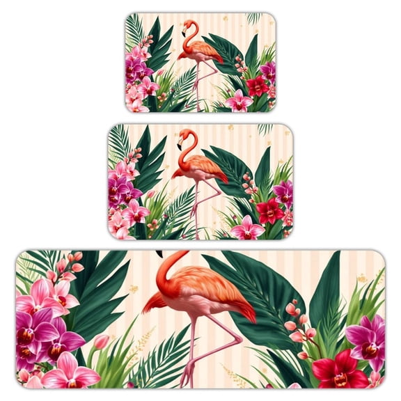 RKSupls Kitchen Rug Set 3 Piece Anti-Slip Flannel Floor Mats, Flamingo Orchid Garden Washable Absorbent Runner Mats for Kitchen Bathroom Home Decor