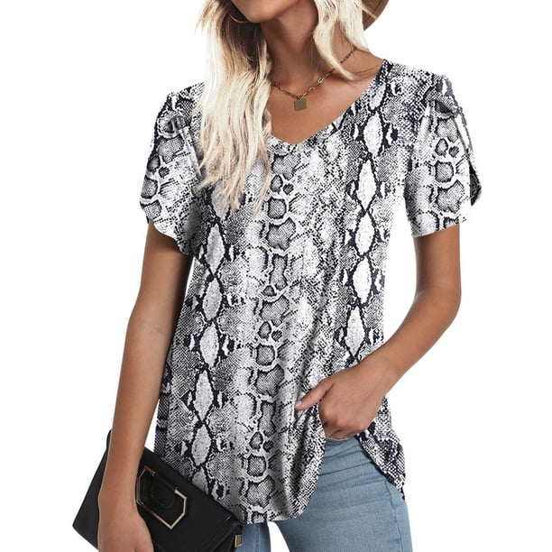 ICHUANYI Clearance Women's Short Sleeve Print V-Neck T-Shirt Loose Casual Summer Tee Tops(White, L) ICHUANYI WER2023081112059