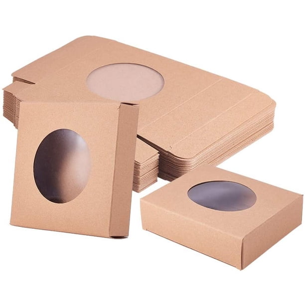 Paquete de 24 cajas cuadradas de papel kraft marrón para envolver regalos, con ventana redonda transparente (4x4x0.9 pulgadas), ideales para obsequios, dulces, joyas y otros regalos.