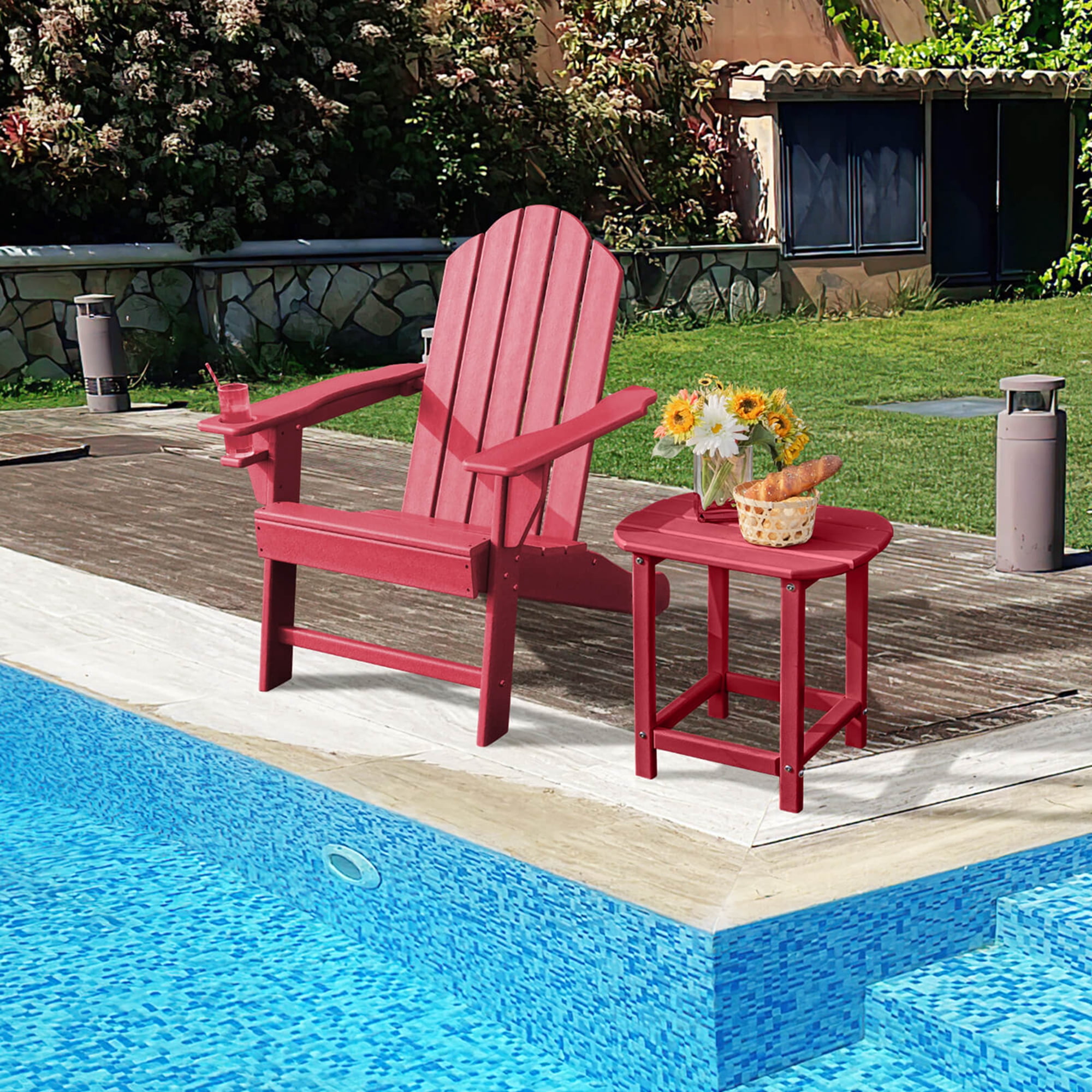 Costway Patio Adirondack Chair Weather Resistant Garden Deck with Cup Holder Red