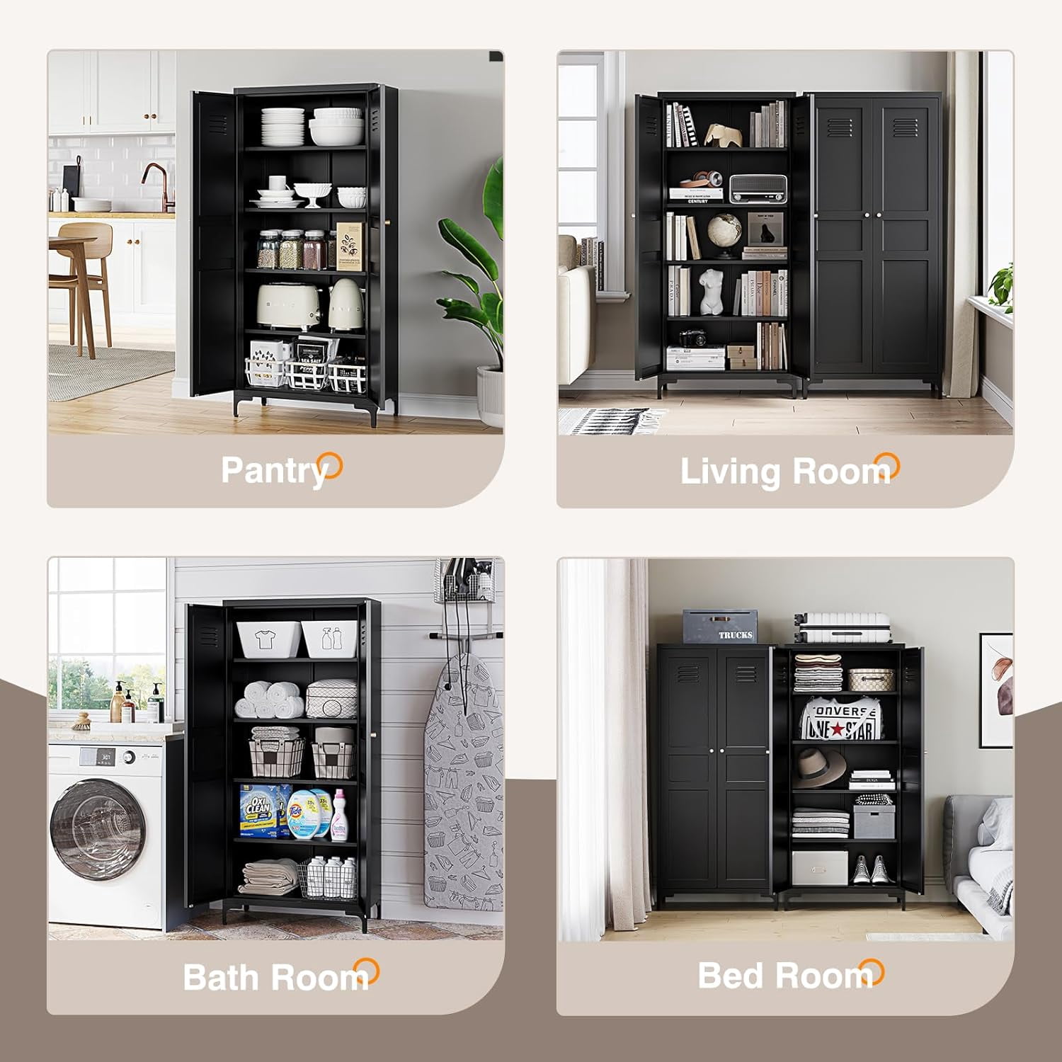Yizosh Metal Pantry Cabinet,Tall Kitchen Pantry Storage Cabinet with Doors and Adjustable Shelves - 61" Black Cupboard Cabinet for Kitchen, Living Room,Dining Room,Home