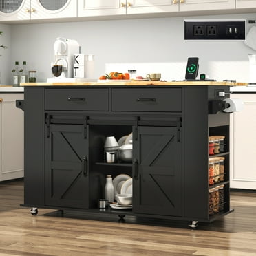 ANPOO Large Rolling Kitchen Island Table on Wheels with Drop Leaf, Barn Door Kitchen Island Table with Storage Cabinet and Tower Rack, Island Table for Kitchen