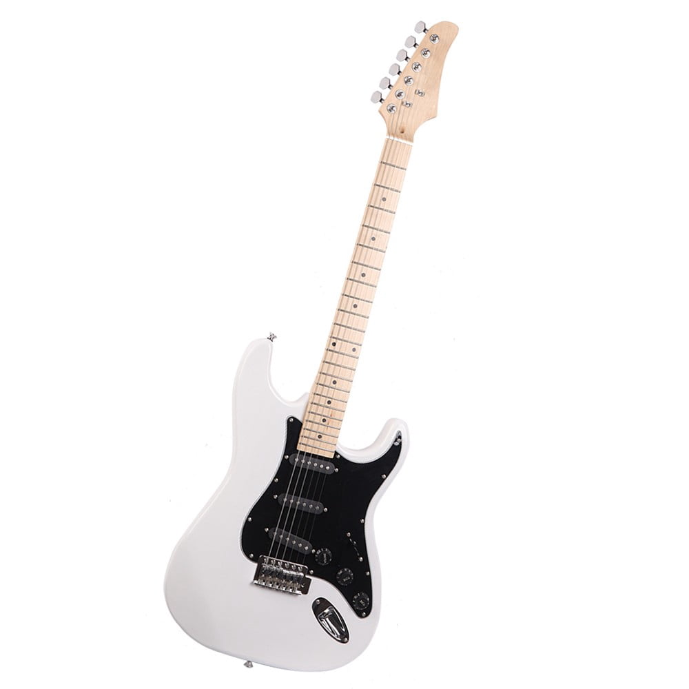Electric Guitar Kit - 6-String Guitar with 20W Amplifier, Black Pickguard, Carry Bag, Shoulder Strap, Accessories Pack (White)