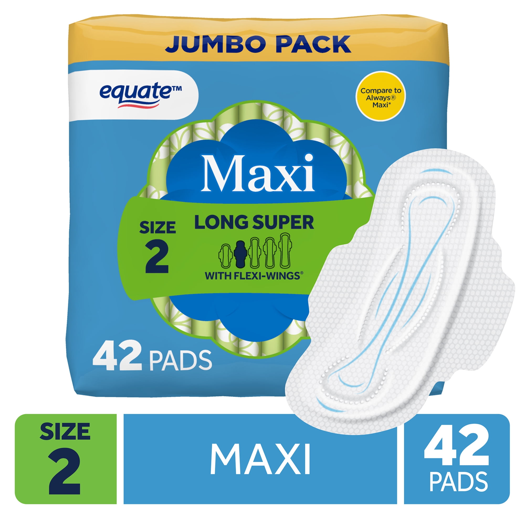 Equate Maxi Pads with Flexi-Wings, Long Super Absorbency, Size 2, 42 Count