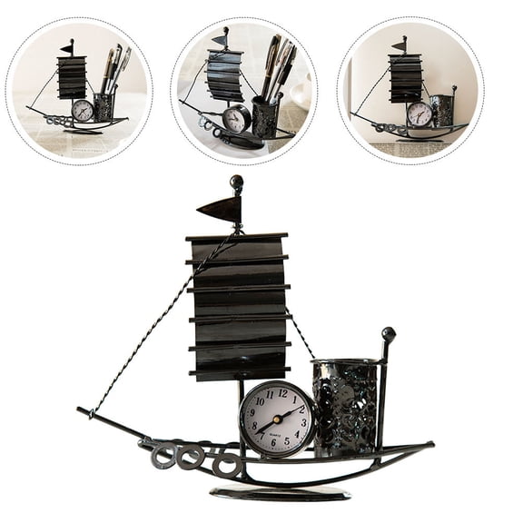 KAKOWELY 1Pcs Metal Sailboat Table Clock Pen Holder 8.3x4.7in Table Decorations for College Students