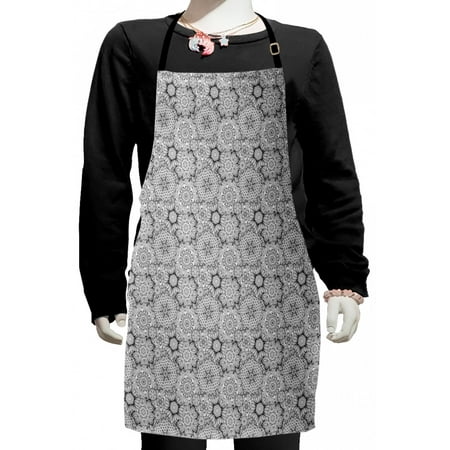 

Floral Kids Apron Hand Drawn Blossom Pattern with Featured Eastern Lines and Curved Stripes Boys Girls Apron Bib with Adjustable Ties for Cooking Baking Painting Black White by Ambesonne
