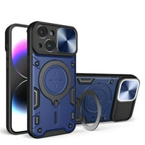 Heavy Duty Case for iPhone 14, Camera Lens Sliding Cover with Hidden Bracket Magnetic Car Mount Holder, Rugged PC TPU Hybrid Military Grade Shockproof Lens Protection Case, Blue