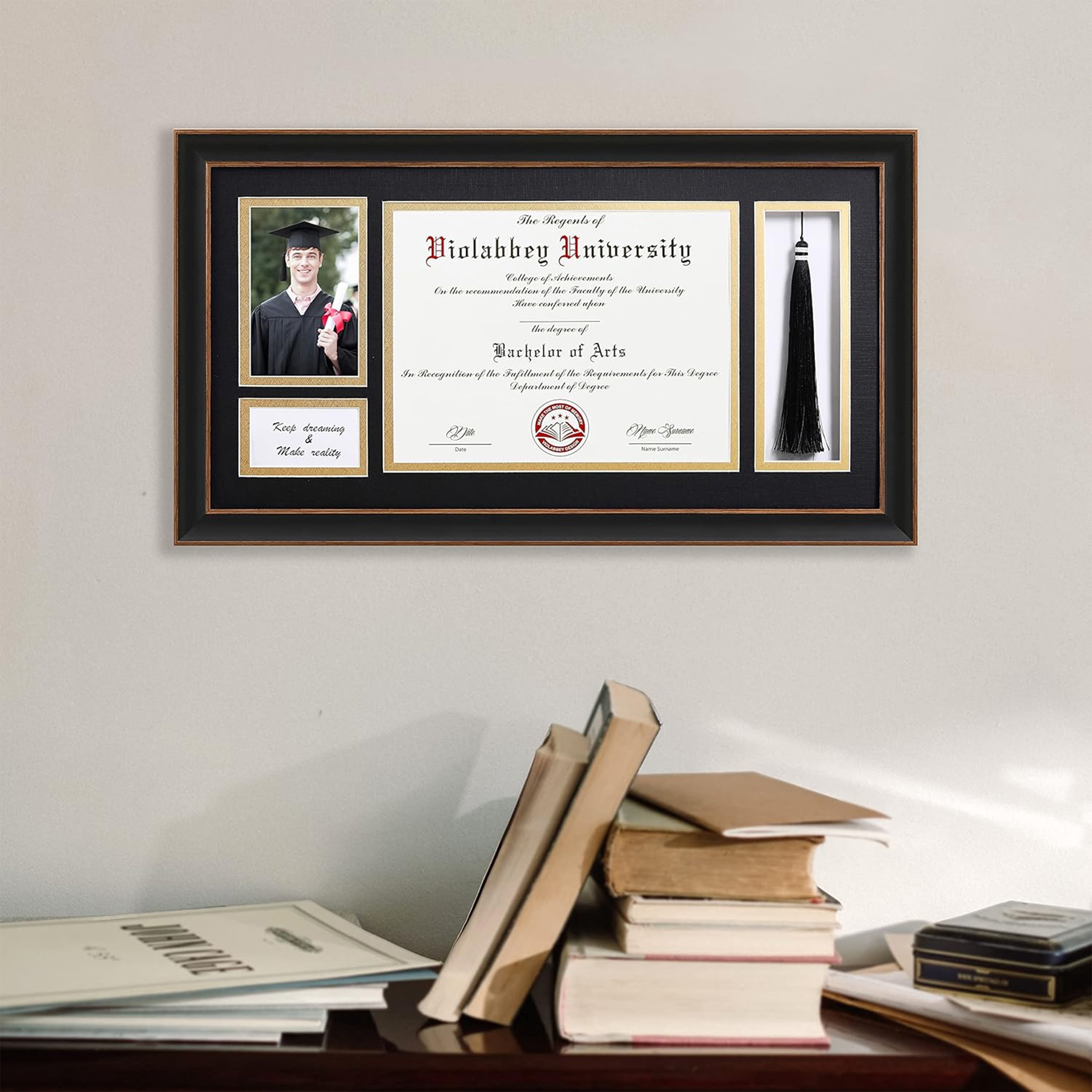 VIOLABBEY Black Diploma Frame with Tassel Holder for 8.5x11 Certificates Document and 4x6 Graduation Pictures, College Degree Frame for Wall Mounted (Black Gold Double Mat)