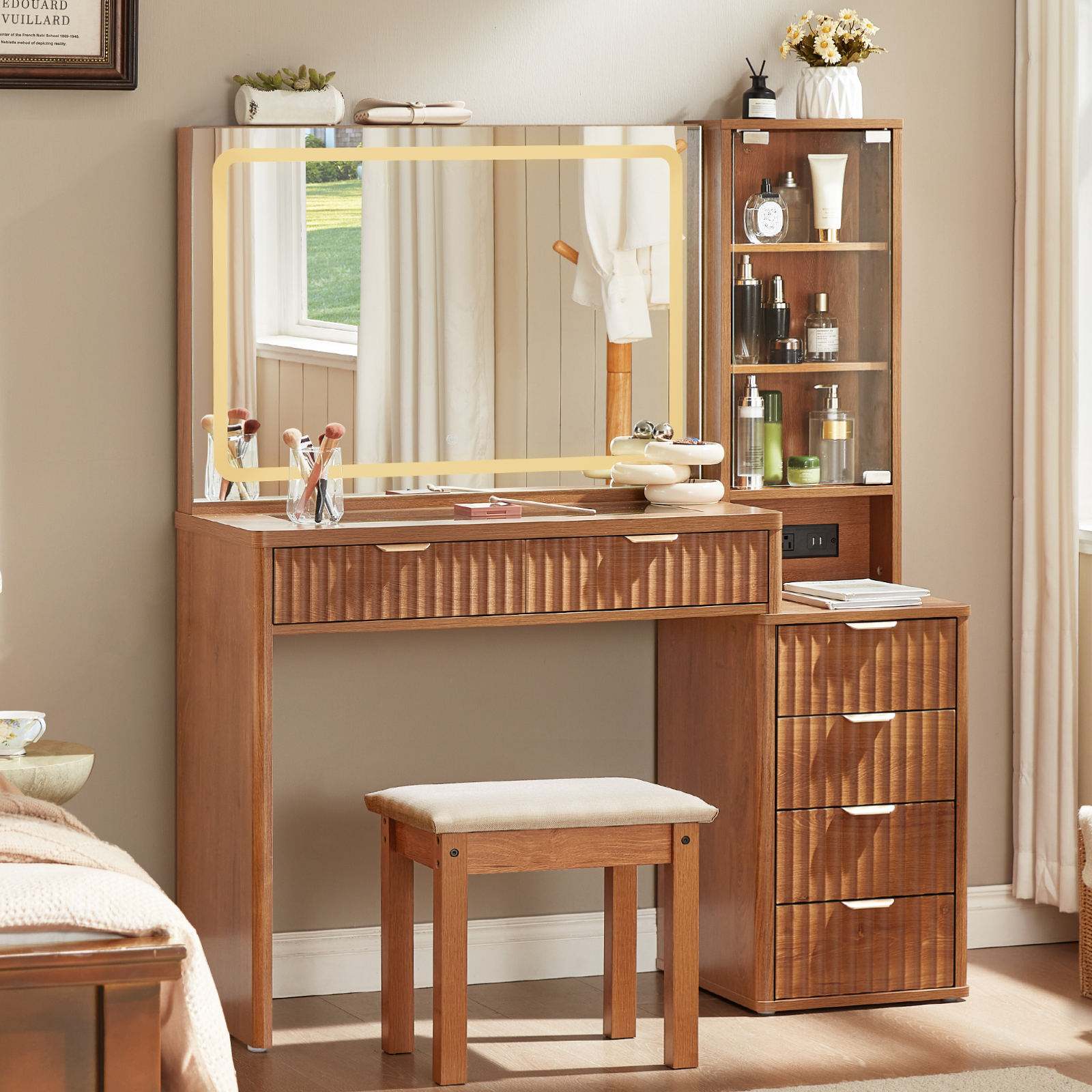 43.5" Fluted Vanity Desk with Mirror, LED Light, Power Outlet, Makeup Vanity with Storage Cabinet and Foldable Panel, Vanity Set with Cushioned Stool - Brown