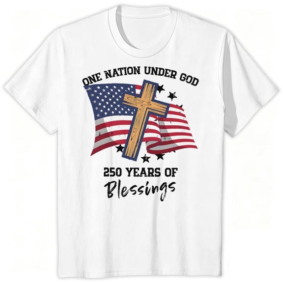 YUEMAO「One Nation Under God」250th Anniversary Patriotic T-Shirt | American Flag & Cross Design | 250 Years of Blessings Christian Patriotic Apparel