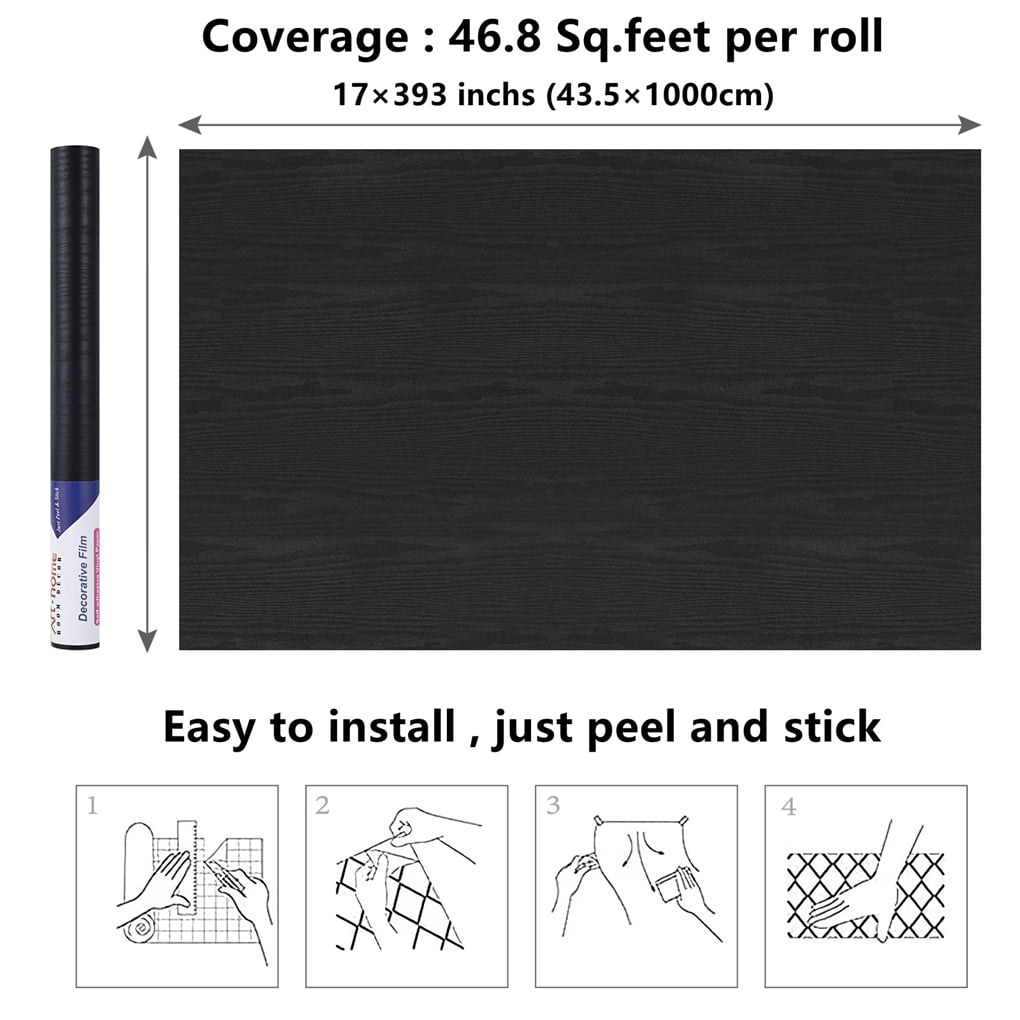 Arthome Black Wood Paper, 17"x 393" Self Adhesive Wallpaper Waterproof Gloss PVC Vinyl, Oil Proof,Black Wood Vinyl Paper for Furniture Cover Surface,Countertop,Kitchen,Shelf Liner