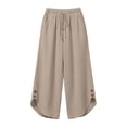 thumbnail image 6 of Lenpel Linen Pants Women Cotton Elastic High Waisted Drawstring Side Button Cropped Wide Leg Pants Baggy Casual Trousers, 6 of 6