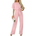thumbnail image 2 of Huankd Womens Summer Casual Short Sleeve Pants Suit Beach Vacation Romper Belted Dressy Wedding Guest Jumpsuit Jumper Pink 3XL, 2 of 5