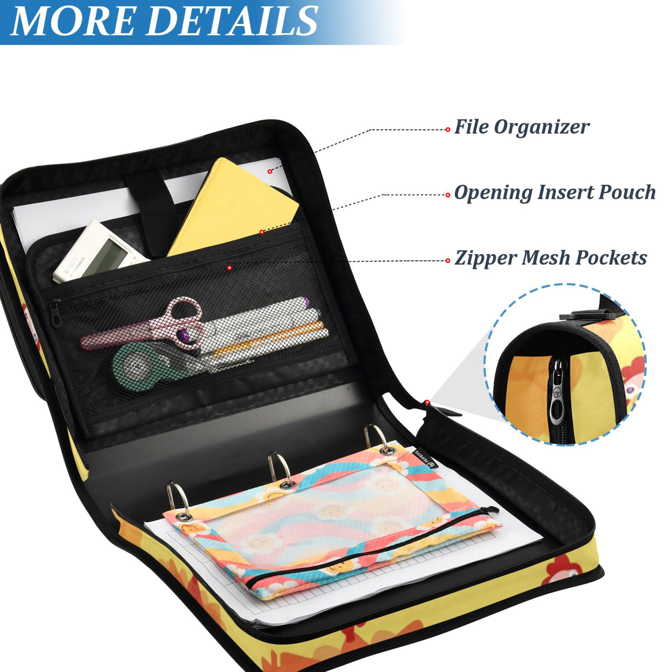 3 Ring Zipper Binder with Shoulder Strap Waterproof Trapper Keeper 2 Inch D-Ring 500 Sheets Capacity Cartoon Turkeys and Leaf