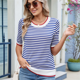 thumbnail image 5 of Camisas de Corta de Verano para Mujer, Suéter A Rayas, Lindas Blusas Casuales de Punto con Cuello Redondo A y Azul XL, 5 of 9