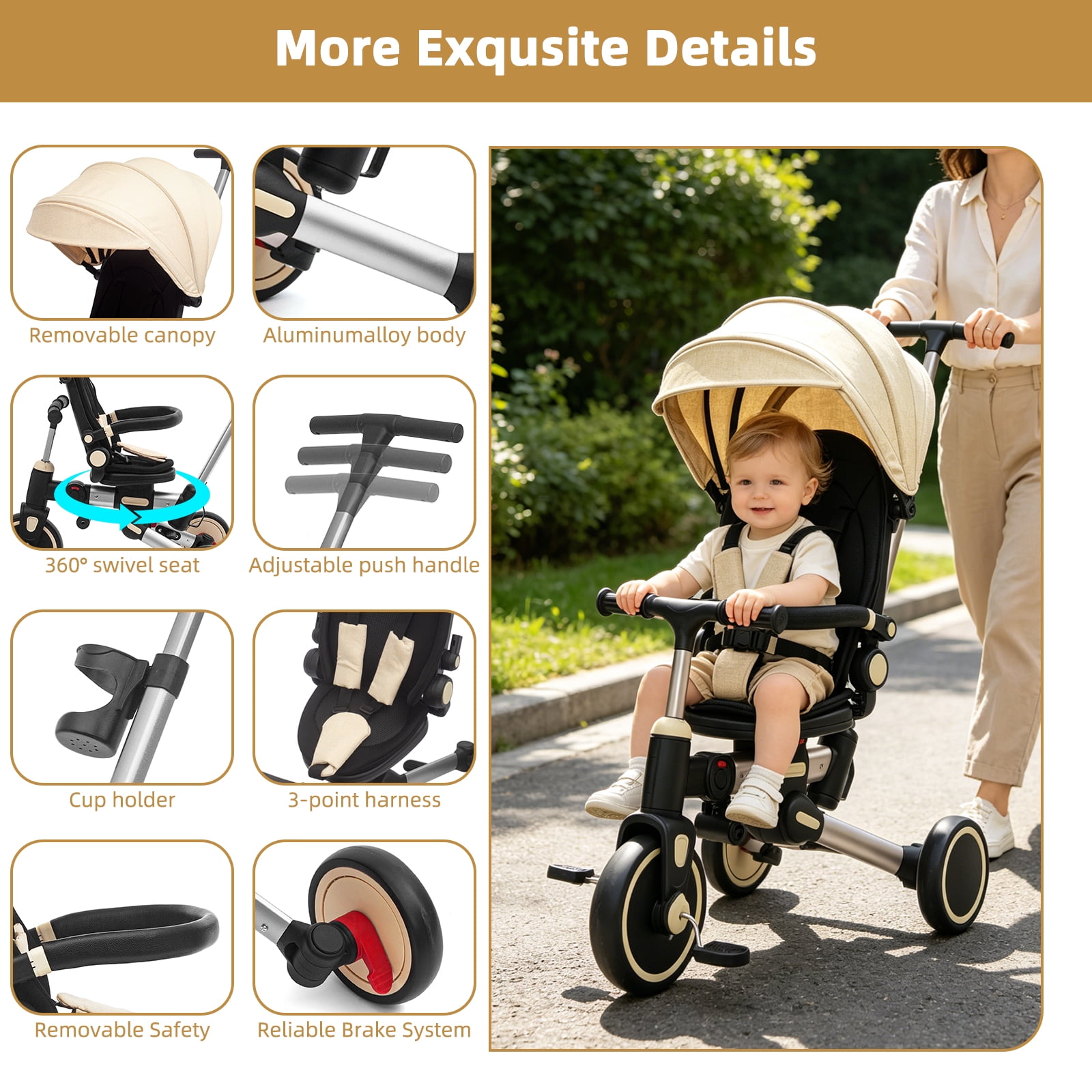 korimefa, Tricycle for Toddlers, 9-in-1 Foldable Baby Trike Beige
