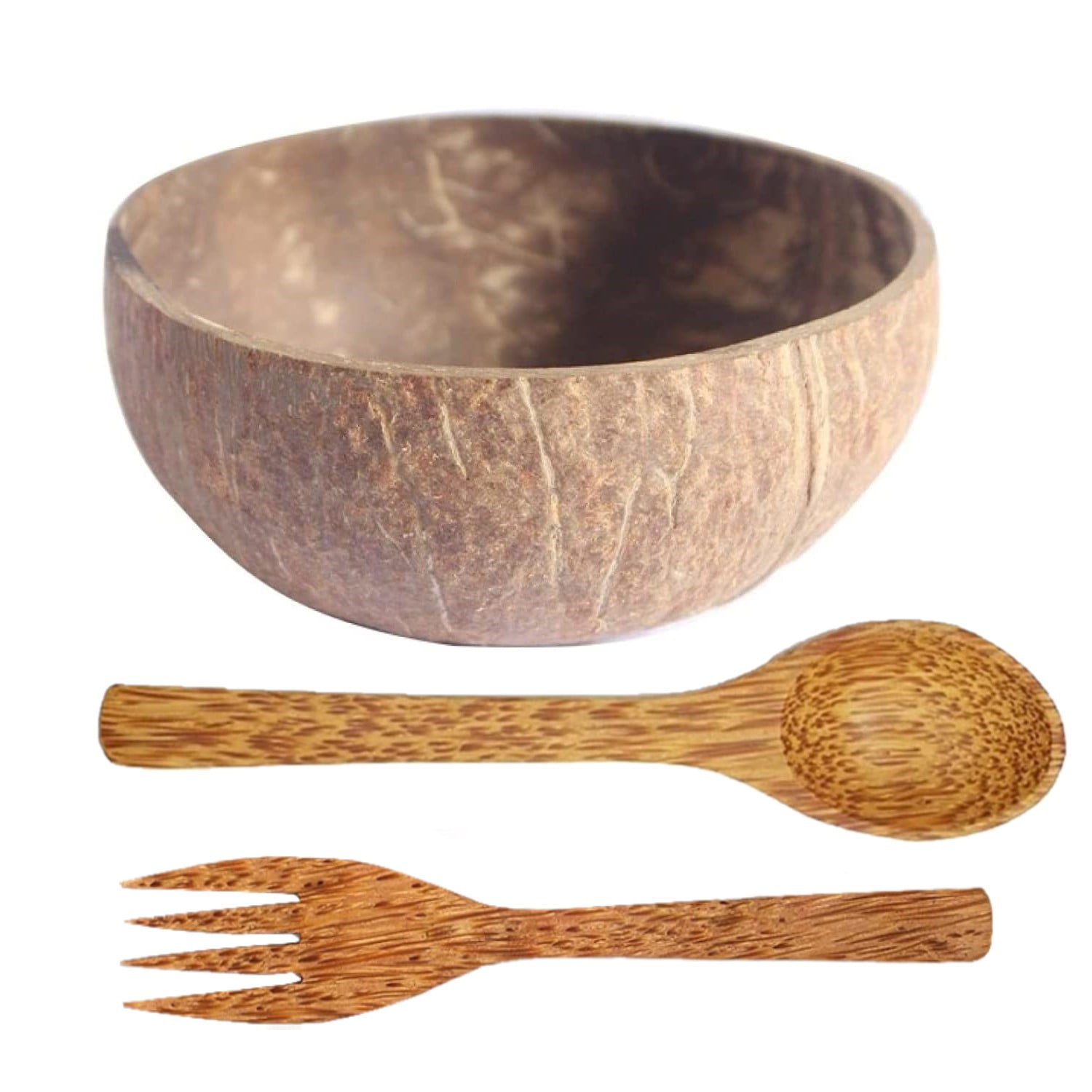 Natural Coconut Shell Bowl with Natural Spoon & Fork Set+Handmade Organic+Arts 