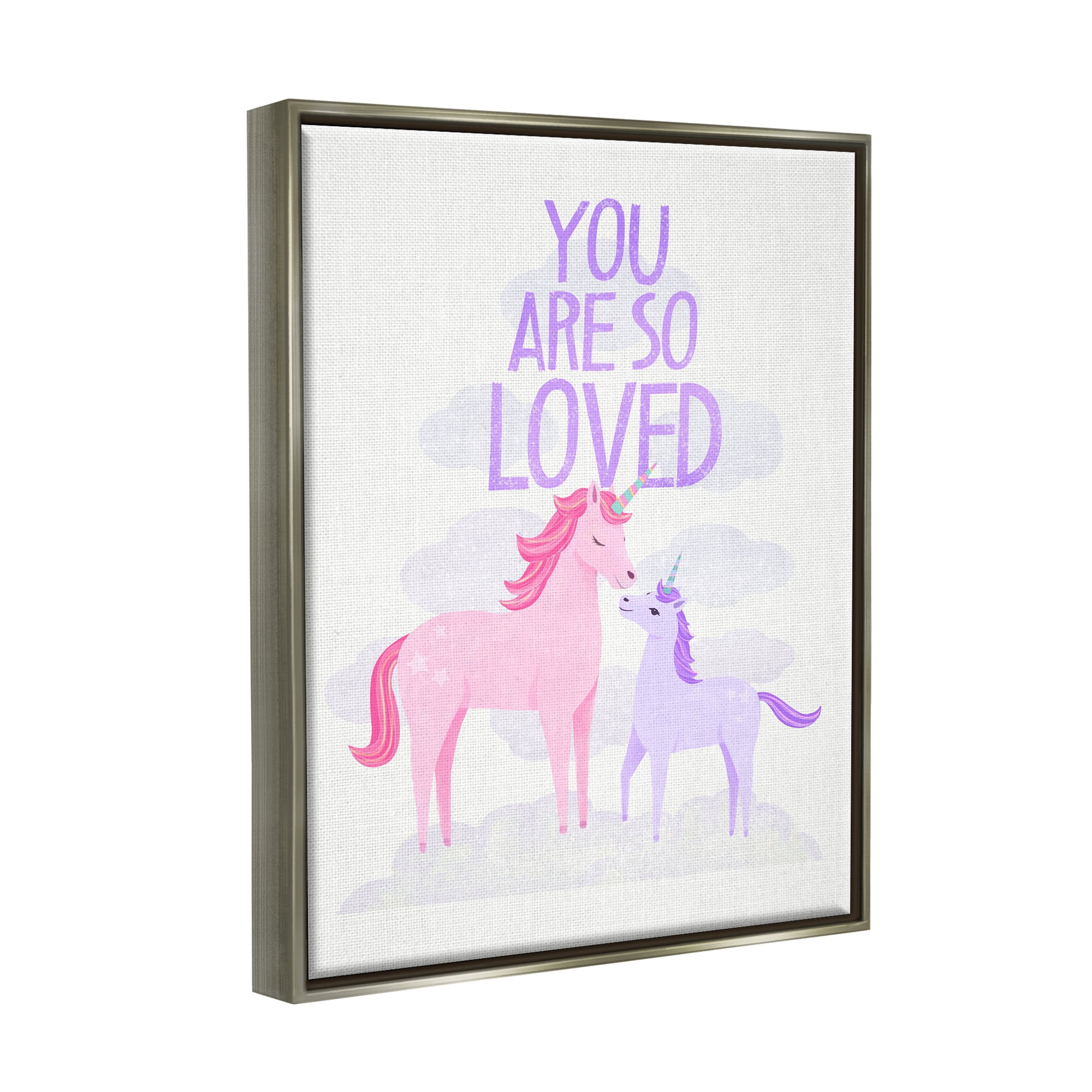 Stupell Industries Pink & Purple Unicorns Fairy Tales & Fantasy Painting Gray Floater Framed Art Print Wall Art, 25 x 31