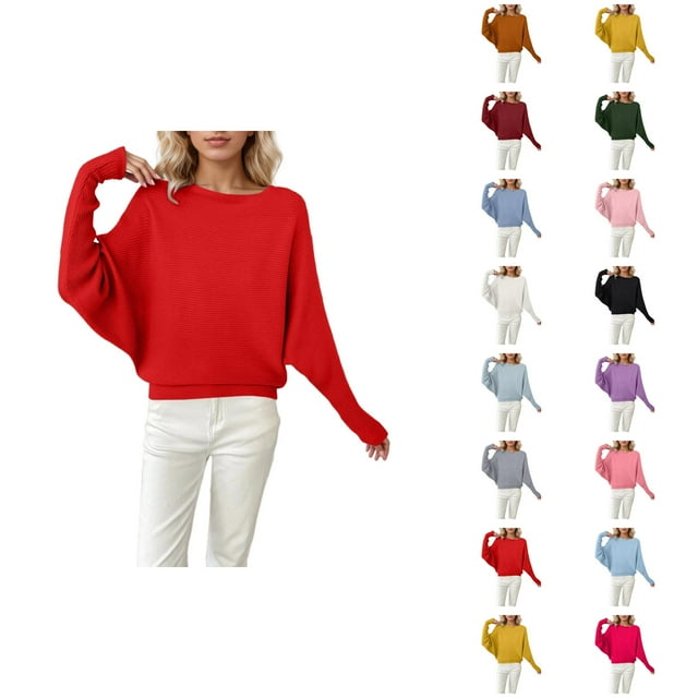Chandails Surdimensionnés pour Femmes 2026 Automne Hiver Décontracté Manches Chauve-Souris Col Rond Chandail Tricoté