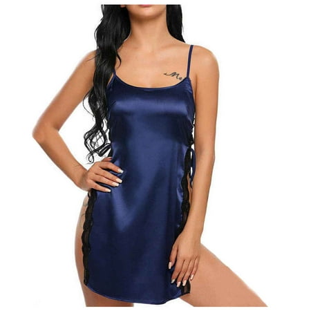 

KDDYLITQ Sexy Teddy Lingerie for Women Satin Spaghetti Strap Babydoll Full Slip Nightgown Chemise Blue S