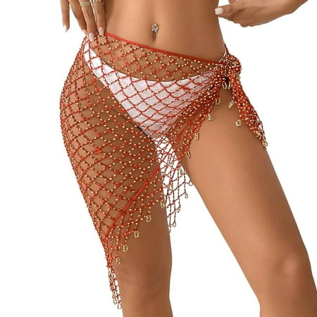 SWSMCLT Women s Bead Spring Break Breathable Knit Fall Cut Out Beachwear Bikini Cover Up Cable Knit Above Knee Crochet Red One Size