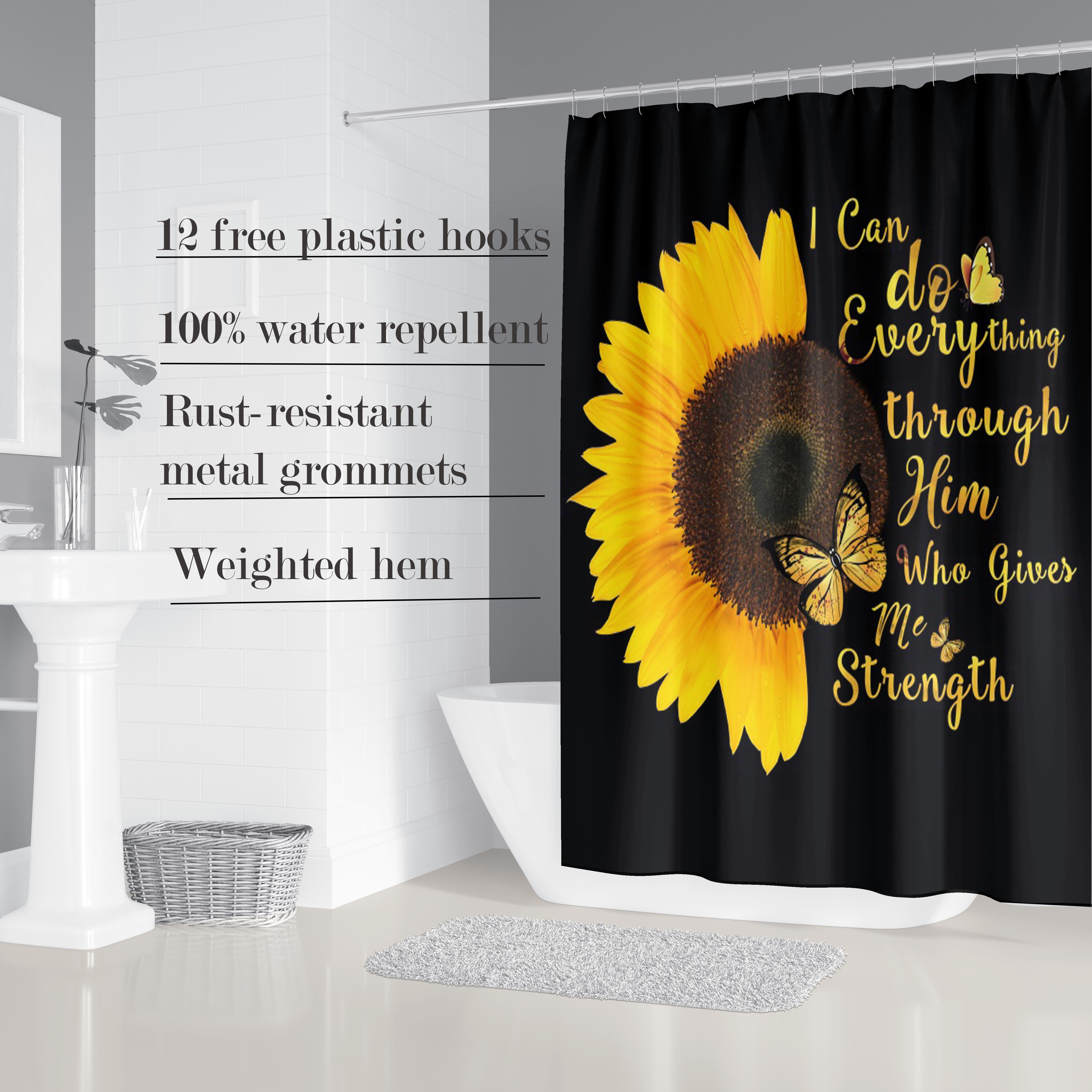 4 Pcs Bathroom Shower Curtain Set Sunflower Shower Curtain Bathroom Sets Valentine's Day Shower Curtain Sets with Rugs(Bath Mat,U Shape and Toilet Lid Cover Mat) and 12 Hooks