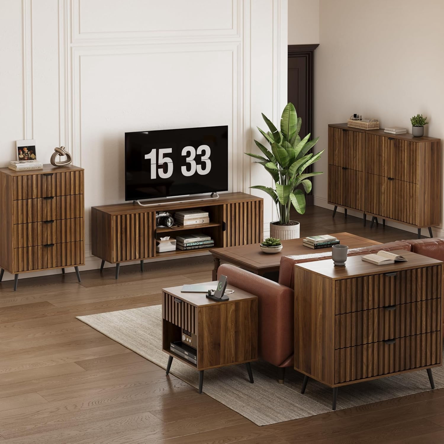 Semiocthome Dresser with 4 Fluted Drawers, Chest of Drawers Storage Cabinet, Walnut, Adult