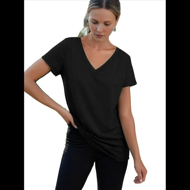 Camiseta Informal con Cuello en V para Mujer, Color Negro, Talla S