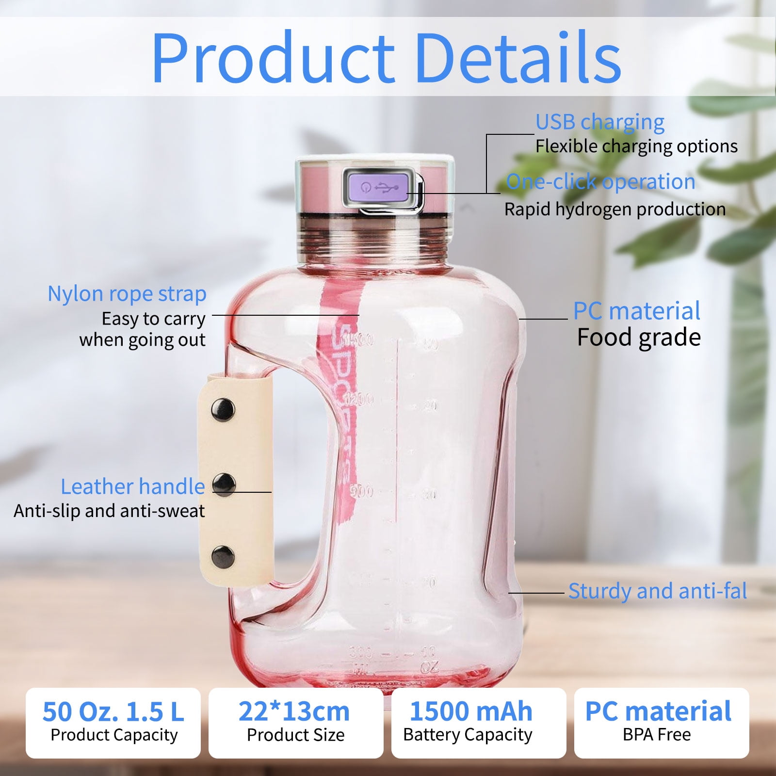 50oz Hydrogen Water Bottle, 1.5L Portable Sports Ionizer with Handle and Shoulder Strap