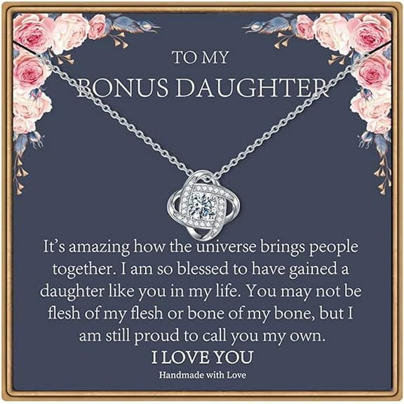 Wedding Gift for Bonus Daughter from Bonus Mom, Love Knot Necklace To My Step Daughter on Her Birthday, Birthday Gift for Unbiological Daughter with Message Card and Gift Box