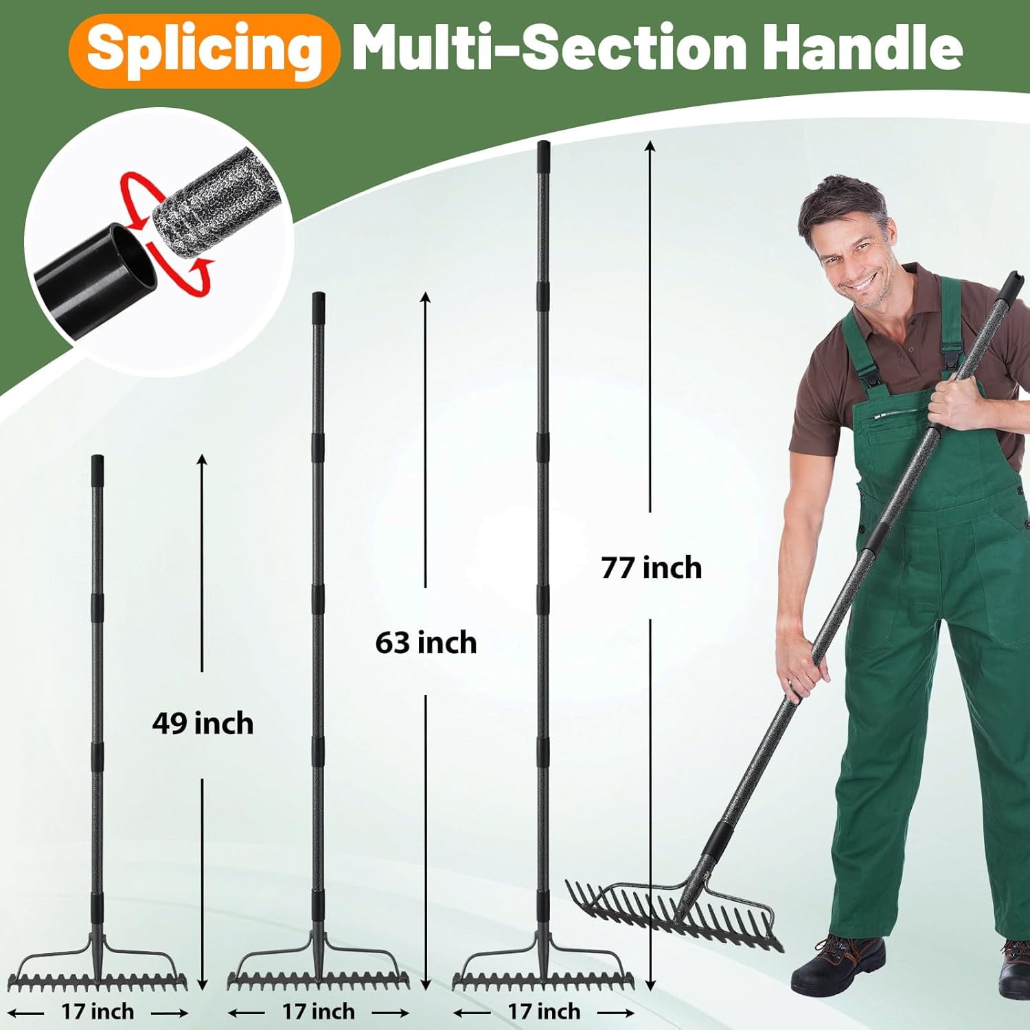 Garden Rake, 63 Inch Long Handle with 17 Tongs, Heavy Duty Metal Bow Rake for Loosening Leveling Soil, Leaf Raking Leaves Grass , Weeding, Yard Thatch Lawn Care Tool