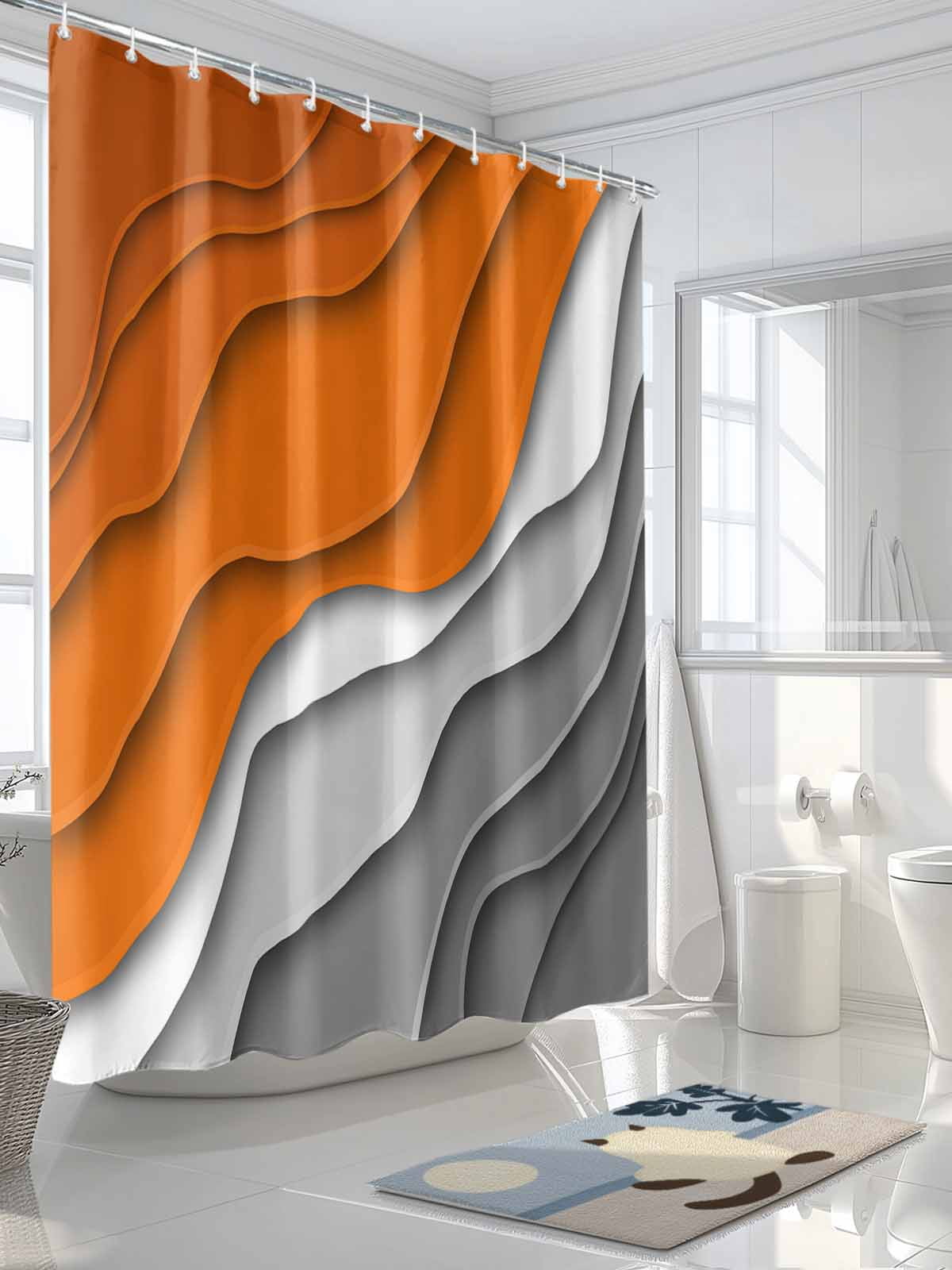 Orange Grey Ombre Stall Shower Curtain, Waterproof Shower Curtains for Bathroom, Modern Geometric Abstract Aesthetics Cream Washable Fabric Cloth Bath Curtain for Bathtub with Hooks 36x72 Inches