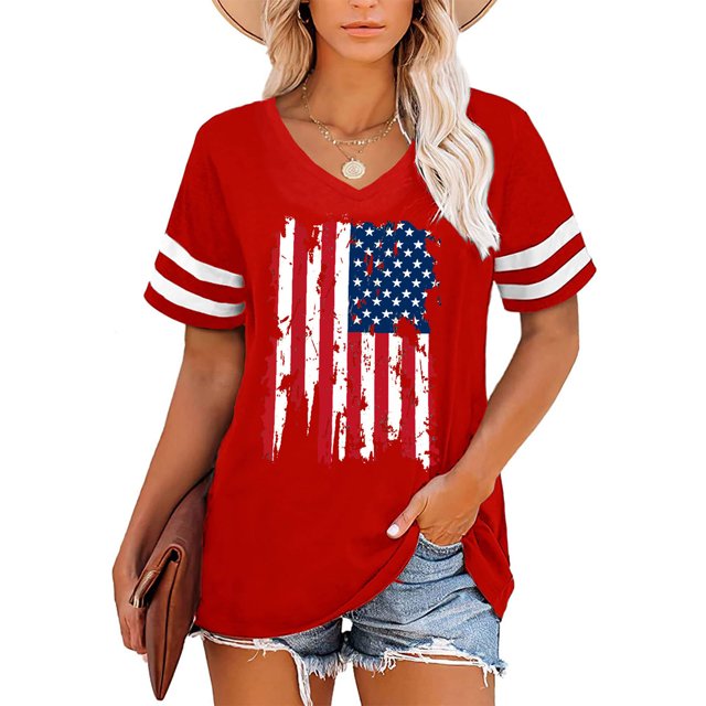 Fiudx Camisas para Mujer Camiseta Informal con Cuello En V y Mangas Raglán con Estampado Del Día de La Independencia para Mujer