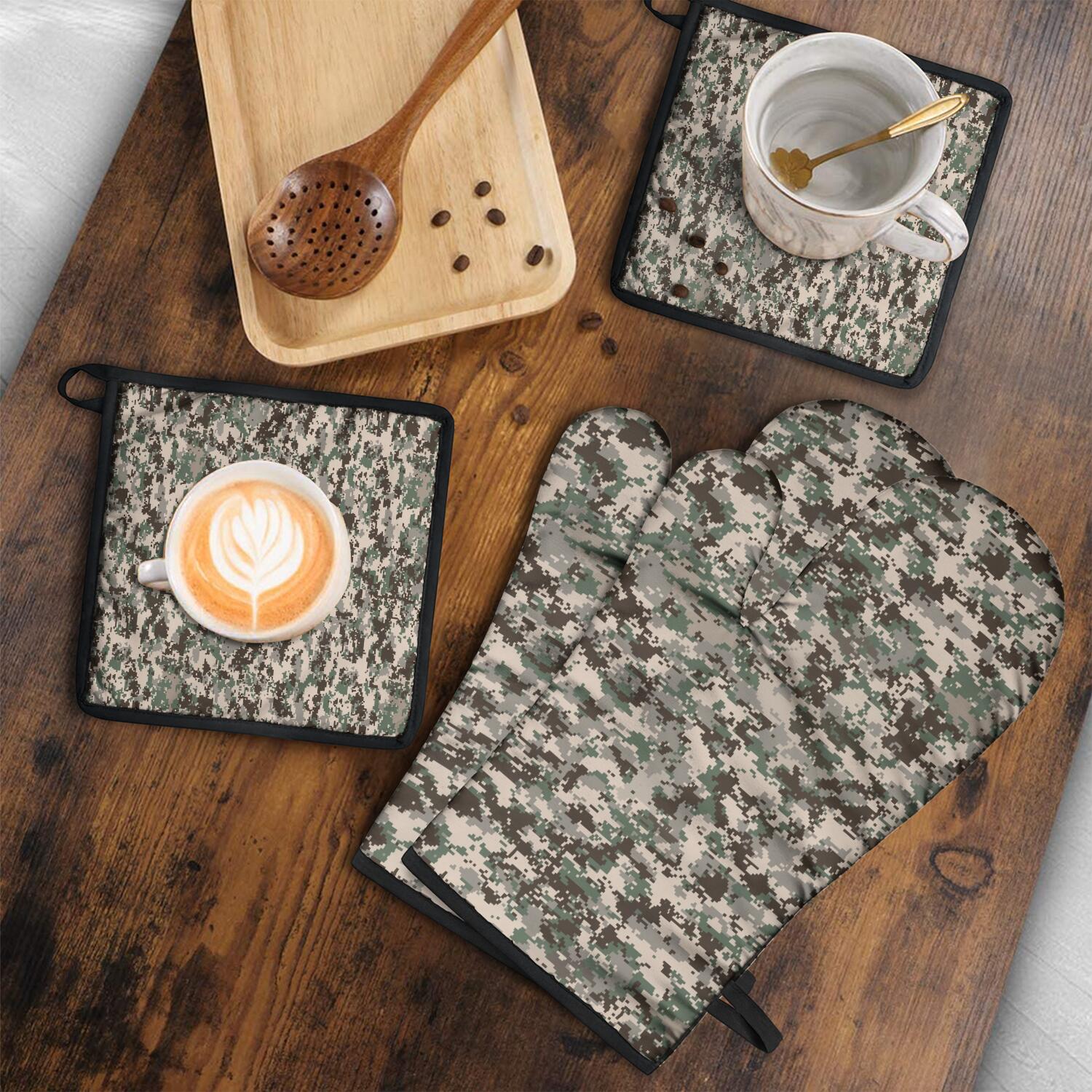 Camouflage Oven Mitts and Pot Holders Set Of 4, Heat Resistant Kitchen Gloves with Non-Slip Grip, Hanging Loop, Soft Cotton Lining for Baking, Cooking, Grilling, Barbecue
