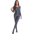 thumbnail image 2 of TiaoBug Womens Oil Shiny Bodystocking Long Sleeve Full Body Jumpsuit Gymnastic Workout Leotard Bodysuit Dark Grey XL, 2 of 7