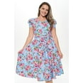 thumbnail image 4 of Women's Short Puff Sleeve Midi Floral Cocktail Flare Tea Party, Formal and Casual Dresses(Blue Hot Pink Small-Medium Size), 4 of 5