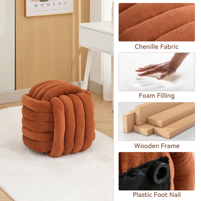 Timbernest Small Ottoman Foot Rest, Modern Stylish Chenille Foot Stool, Knot Design Makeup Stool, Orange