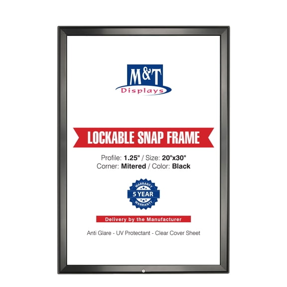 M&T Displays Lockable Snap Poster Frame 20x30 Inch Black 1.25" Aluminum Profile Front Loading Wall Mounting Photo Picture Document Certificate Sign Holder Mitered Corner Anti Glare Cover