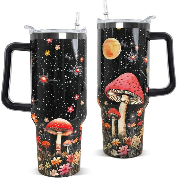 Mushroom Tumbler with Handle and Straw 40 oz Gothic Mushroom Coffee Travel Mug Insulated Cup Mushroom Stuff Gifts for Women for Halloween Goth Decor