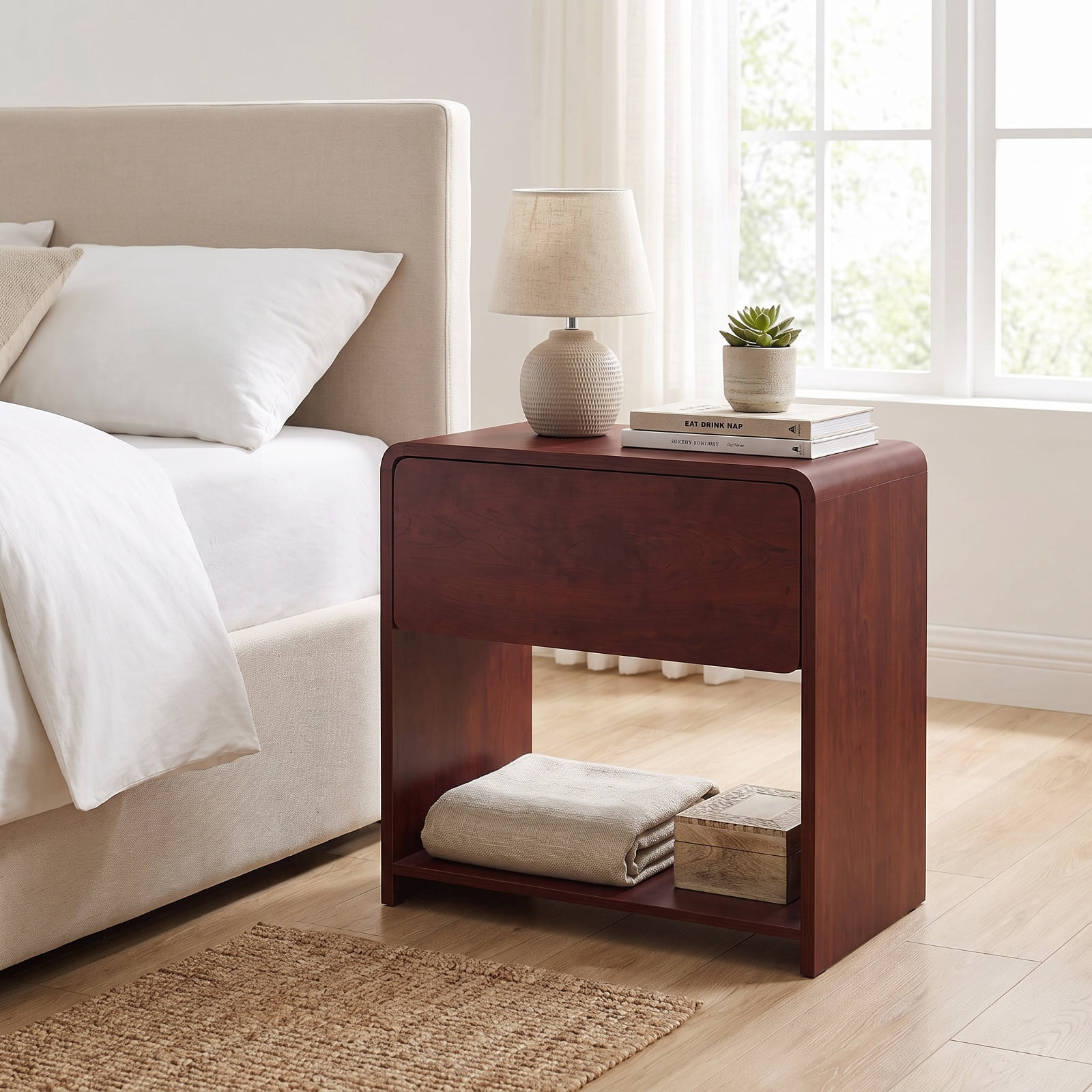 Furnibear 2-Tier Modern Style Nightstand with Drawer and Open Shelf for Bedroom for Bedroom Living Room Bedside Sofa Side Small Space, Walnut