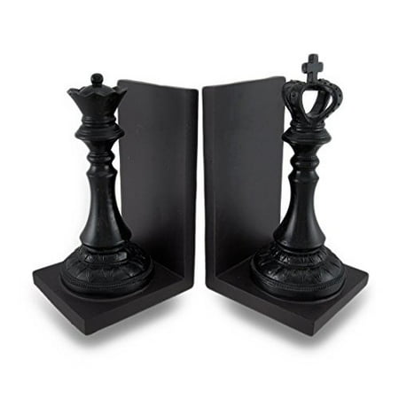 Hand Painted Polystone Chess Pieces - Deco 79 Polystone King and Queen Chess Bookend Pair, 5 by 8-Inch, Walnut Brown/Black