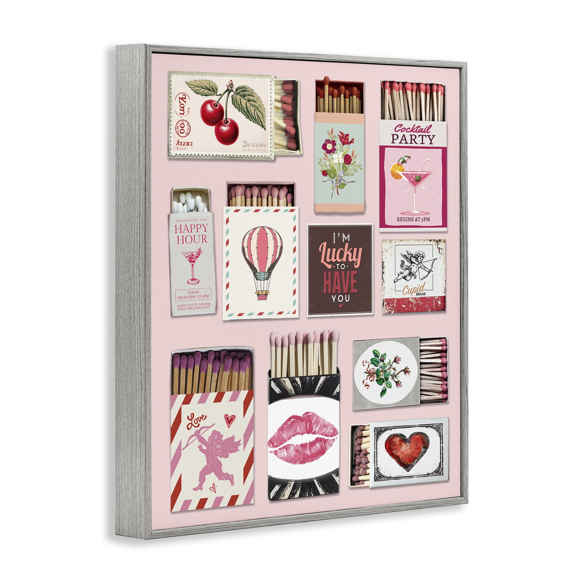 Stupell Industries Vintage Romantic Matchbox Collection Gray Framed Giclee Art, design by CAD Designs