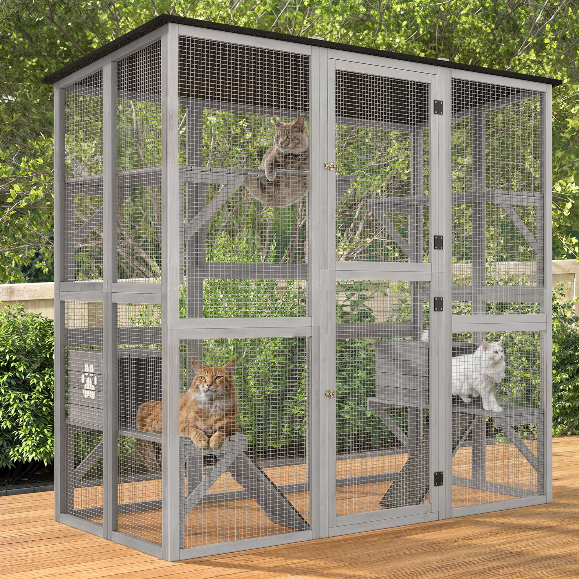Dextrus 70.9" Outdoor Large Cat Cage, Catio Kitten Cat Enclosure, Wooden Cat House with Asphalt Roof , Cat Cage Playpen with Multiple Platforms & 2 Resting Boxes